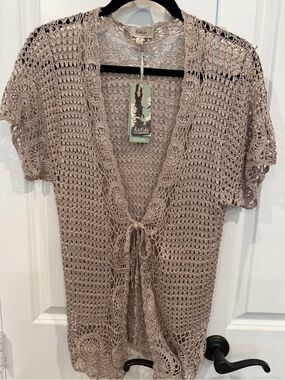 Katies Occasionwear Crocheted Tie-Front Cardigan in Light Taupe